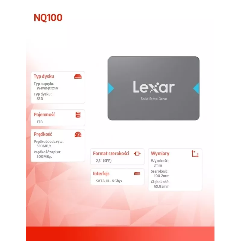 2,5 collu SATA III SSD Lexar NQ100 1 TB — 550 MB/s lasīšana, 6 Gbit/s pārsūtīšana