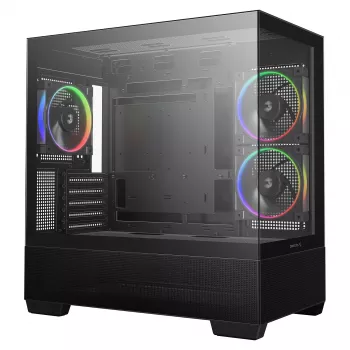 PC Midi Tower DeepCool CG380 3F — Melna, 235×437×451 mm, 2x120 mm sānu + 1x120 mm aizmugurējie ventilatori, apakšējais barošanas bloks, 2,5 collu/3,5 collu HDD