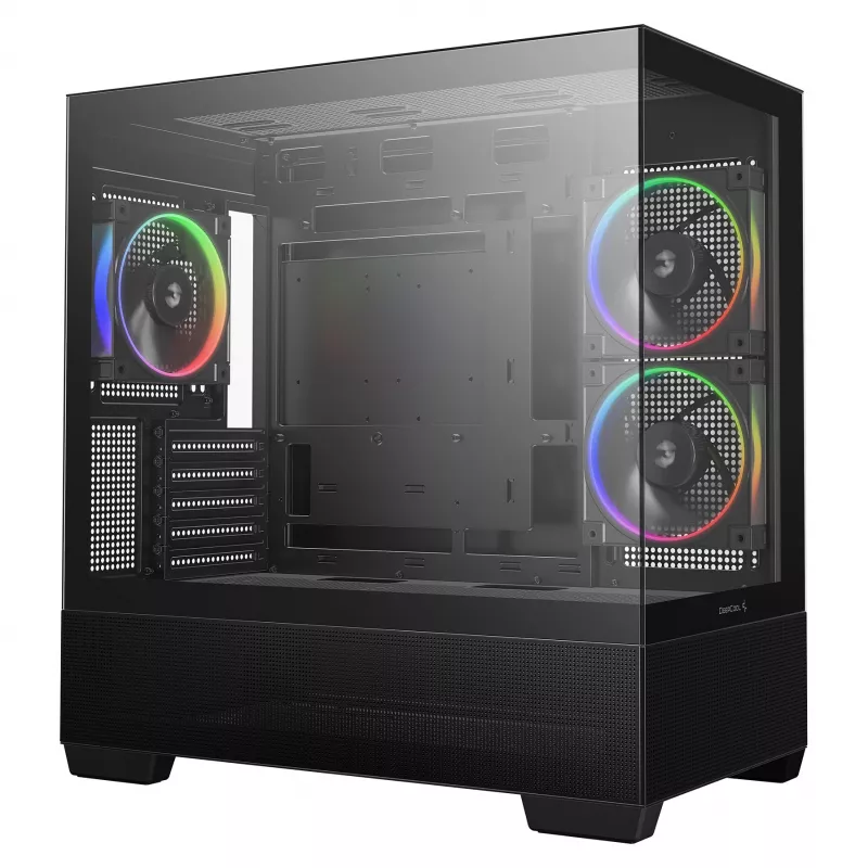 PC Midi Tower DeepCool CG380 3F — Melna, 235×437×451 mm, 2x120 mm sānu + 1x120 mm aizmugurējie ventilatori, apakšējais barošanas bloks, 2,5 collu/3,5 collu HDD