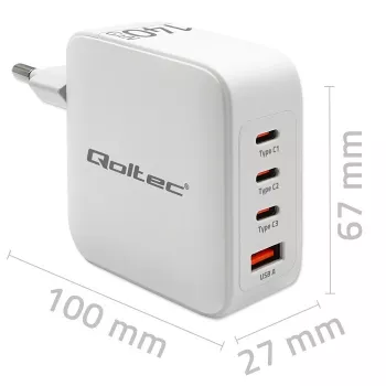 Lādētājs QOLTEC 51828 140W GaN 3×USB‑C PD + 1×USB‑A QC 3.0 – daudzpieslēgvietu ātrā lādētāja