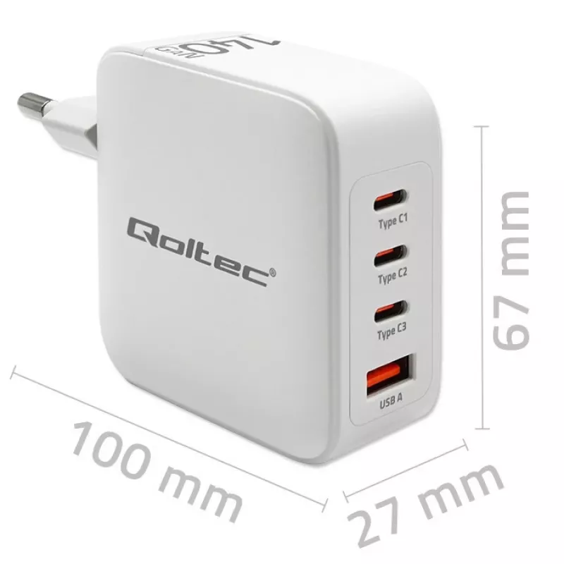 Lādētājs QOLTEC 51828 140W GaN 3×USB‑C PD + 1×USB‑A QC 3.0 – daudzpieslēgvietu ātrā lādētāja