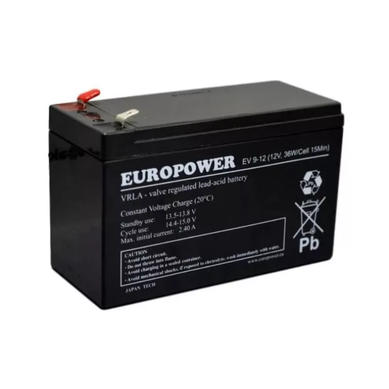Svina-skābes noslēgtais akumulators europower EV 12-9 — 12 V 9 Ah UPS un rezerves barošanai