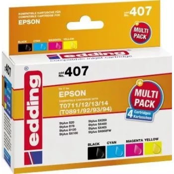 edding printera kasetnes EDD-407 melna, ciāna, fuksīna, dzeltena saderīgas ar EPSON T0715, 4 gab. komplekts