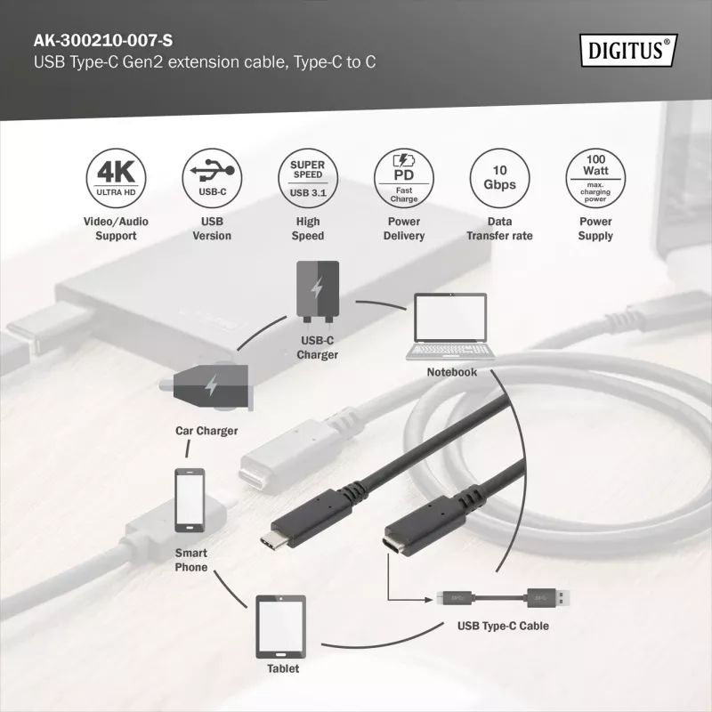 USB Type-C paplašinātāja kabelis Digitus AK-300210-007-S 0,7 m