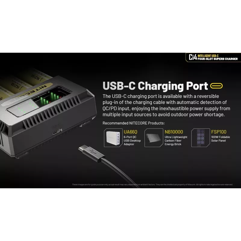 Akumulatora lādētājs Nitecore Ci4 — universāls USB lādētājs litija jonu / NiCd / NiMH akumulatoriem, 5/9/12V ieeja, 3A, plastmasa, 0,1914 kg