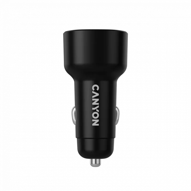 Auto lādētājs CANYON OnDrive 60 PD 60W 2xUSB-C — 60 W jauda, 2 USB-C pieslēgvietas, melns