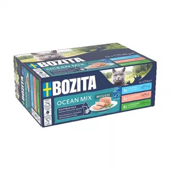 Mitrā kaķu barība BOZITA Mousse Mixed Ocean 12 x 85 g — jūras velšu putas, pilnvērtīga barība pieaugušiem kaķiem, bez lipekļa un sojas