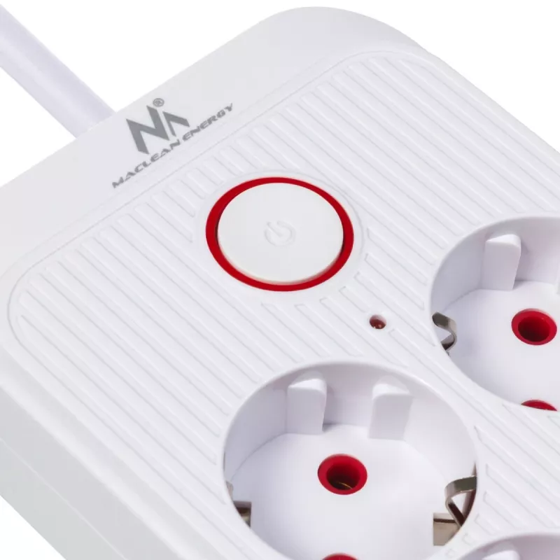 Strāvas sadalītājs MACLEAN MCE389 W — 6 kontaktligzdas, 4×USB-A, 1×USB-C, 2500 W, 110–240 V, 1,5 m kabelis, balts