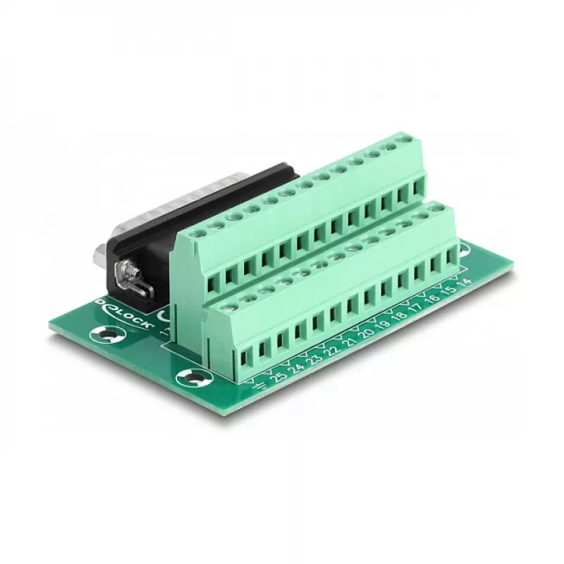 DeLOCK D-Sub 25 kontaktu vīrišķais uz spaiļu bloku DIN sliedei 51mm x 86mm x 30mm