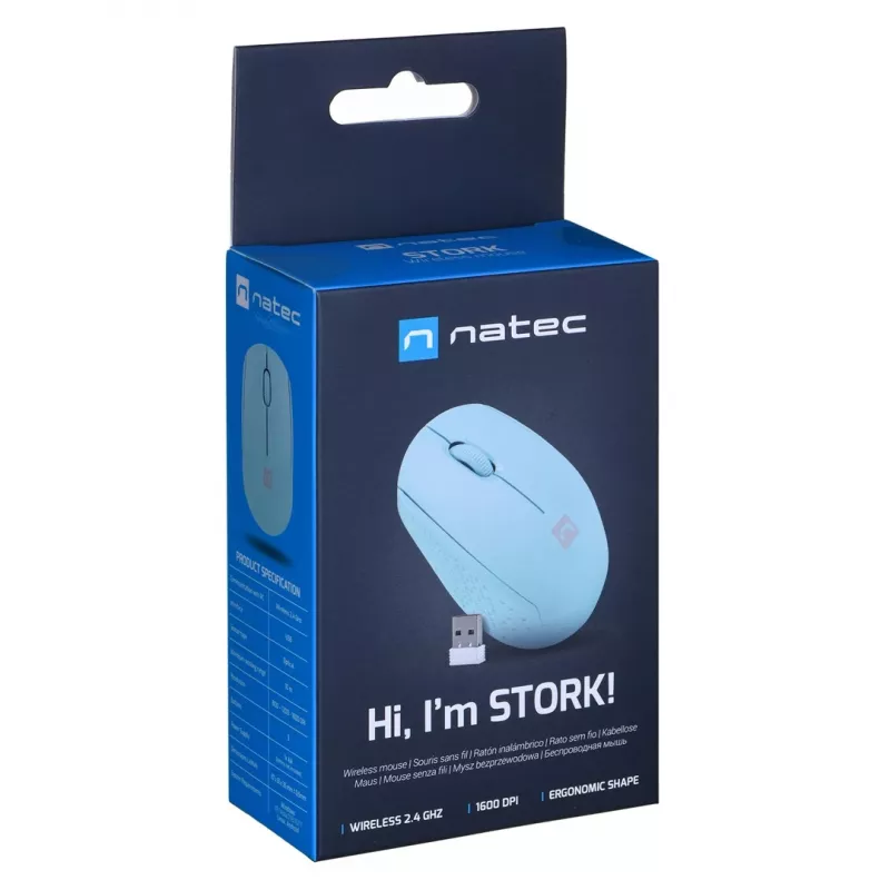 Bezvadu pele abām rokām NATEC STORK — Bluetooth + USB Type-A, 1600 DPI, 3 pogas, gaiši zila