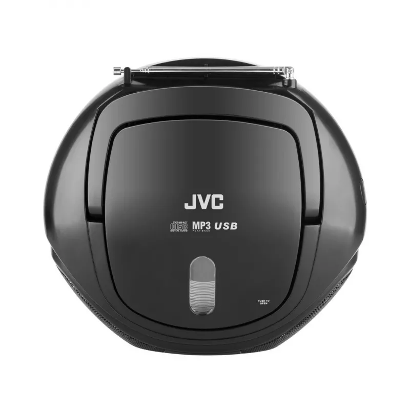 Pārnēsājams CD atskaņotājs JVC RD‑E221B — melns, CD/MP3, kasešu klājs, USB atskaņošana, FM radio, AUX, barošana ar baterijām/maiņstrāvu