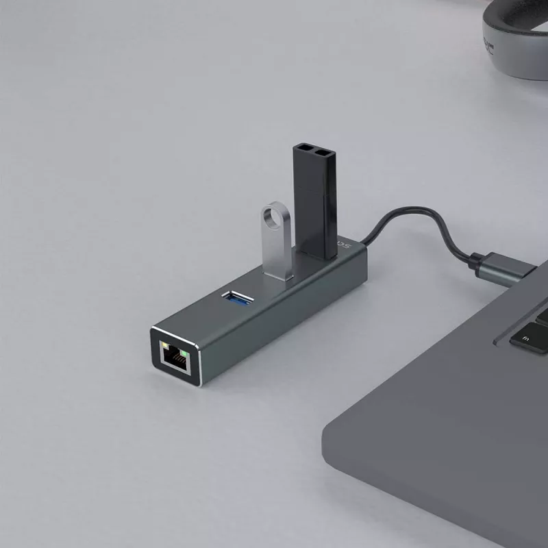 SAVIO USB-A centrmezgls ar RJ-45 Gigabit Ethernet AK-57 — 3× USB-A + RJ-45, USB 3.2 Gen 1 Micro‑B resursdators, 5 Gbit/s, 4 porti, pelēks