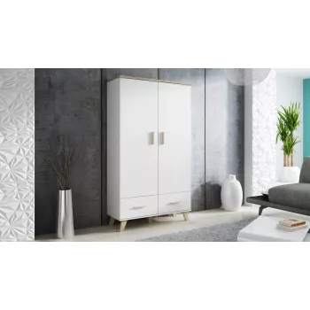 Garderobes skapis cama meble LOTTA 2D2D, 2 durvis, Sonomas ozola rāmis ar baltām priekšējām plāksnēm, 1100×550×1900 mm