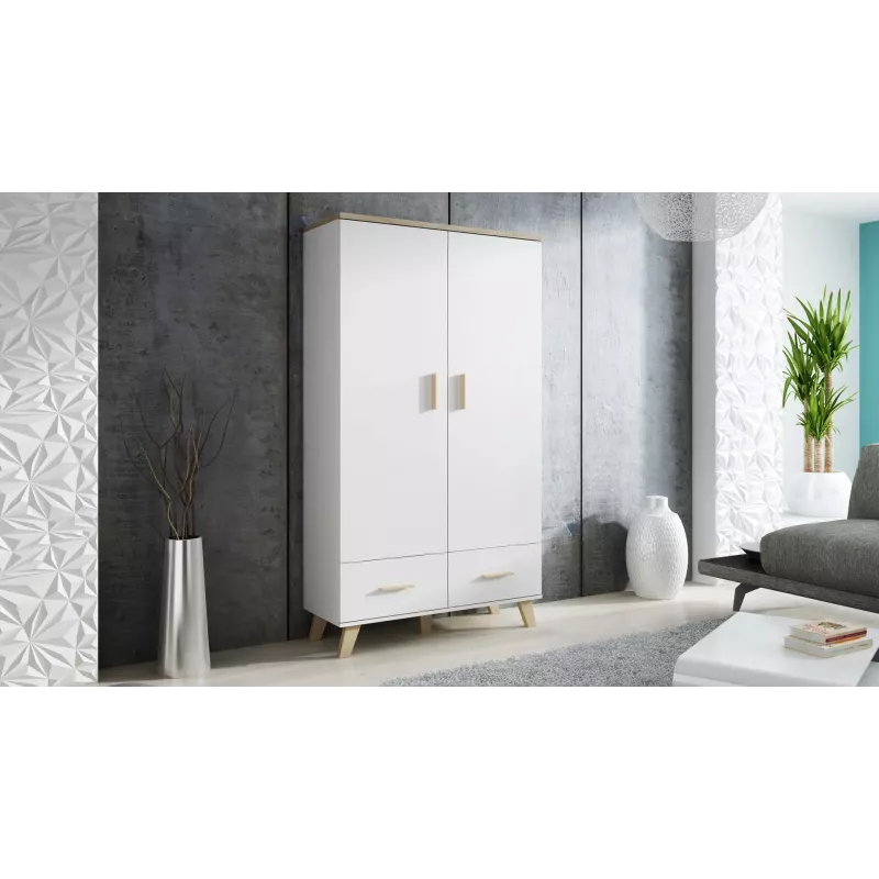 Garderobes skapis cama meble LOTTA 2D2D, 2 durvis, Sonomas ozola rāmis ar baltām priekšējām plāksnēm, 1100×550×1900 mm