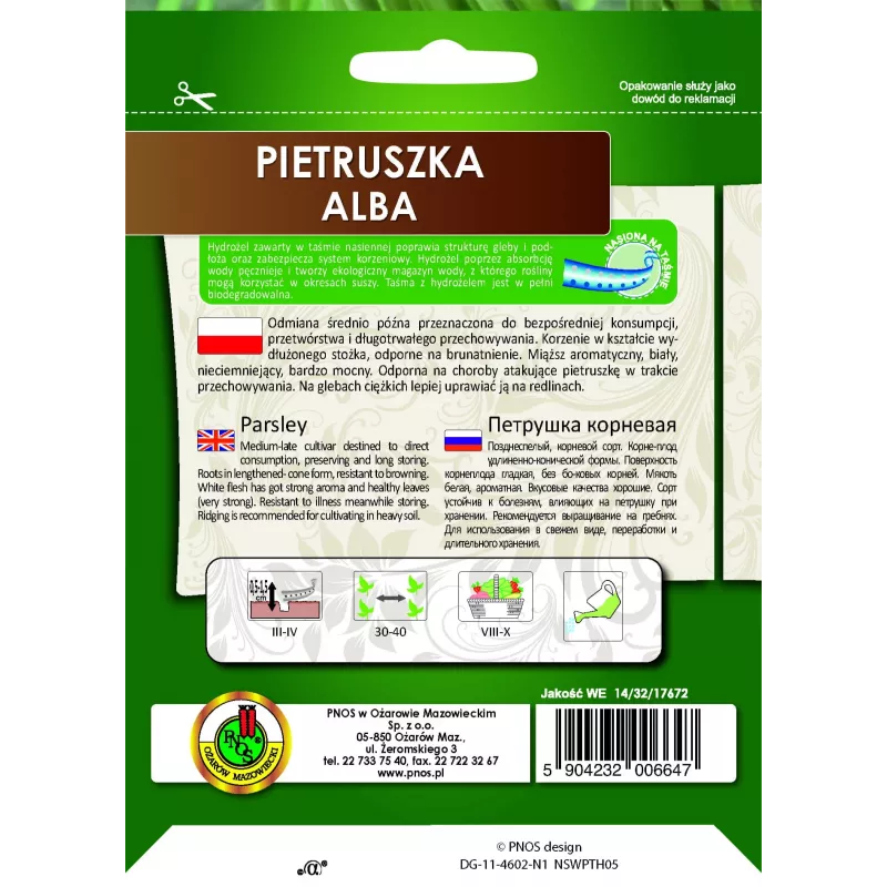 Sēklu lente Apte Pietruszka Alba 6 m — vidēji vēla pētersīļu šķirne pārstrādei