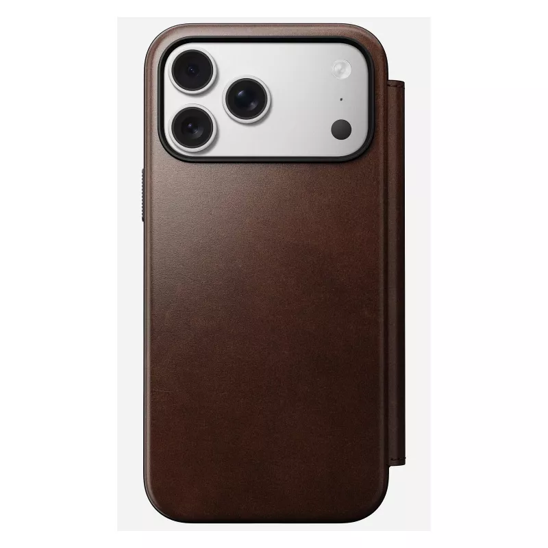 Nomad Modern Leather Folio mobilo tālruņu futrālis iPhone 17 Pro Max — brūna, āda, 6,3 collu ekrāns, 4 karšu kabatiņas