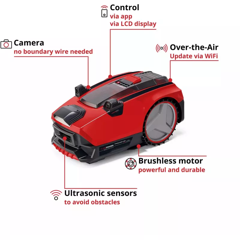Power X-Change Robotu pļāvējs FREELEXO CAM PLUS 600 (Sarkans/melns, Li-Ion Battery Plus 4,0Ah, Kamera + Sensors)