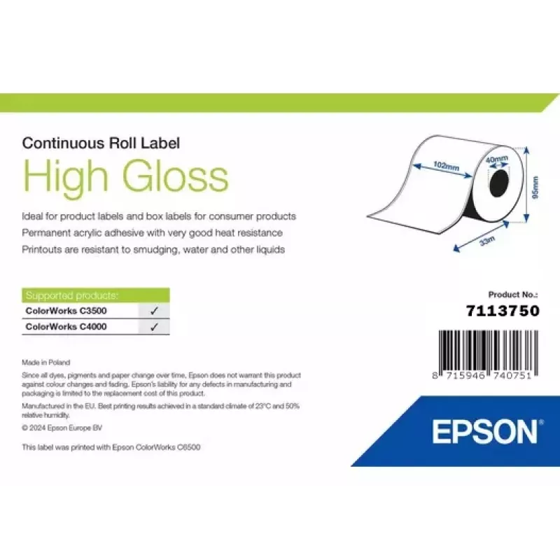 Epson 7113750 High Gloss uzlīmju rullis, 102 mm platums x 33 000 mm garums