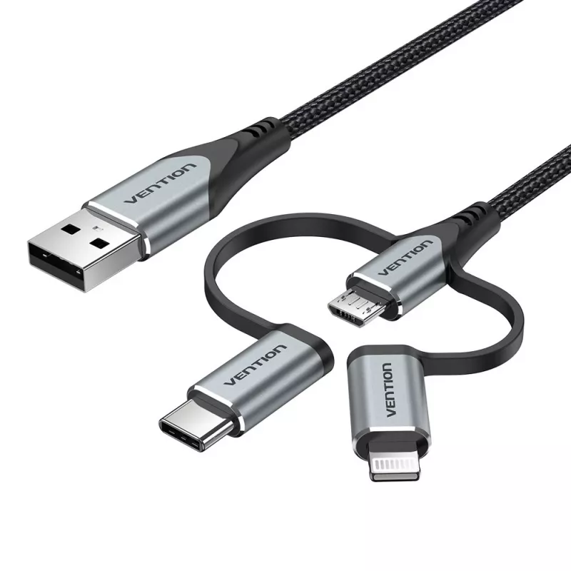 Vention USB 2.0 A vīr. uz 3-in-1 Micro-B&USB-C&Lightning vīr. kabelis 1M pelēks alumīnija sakausējuma tips