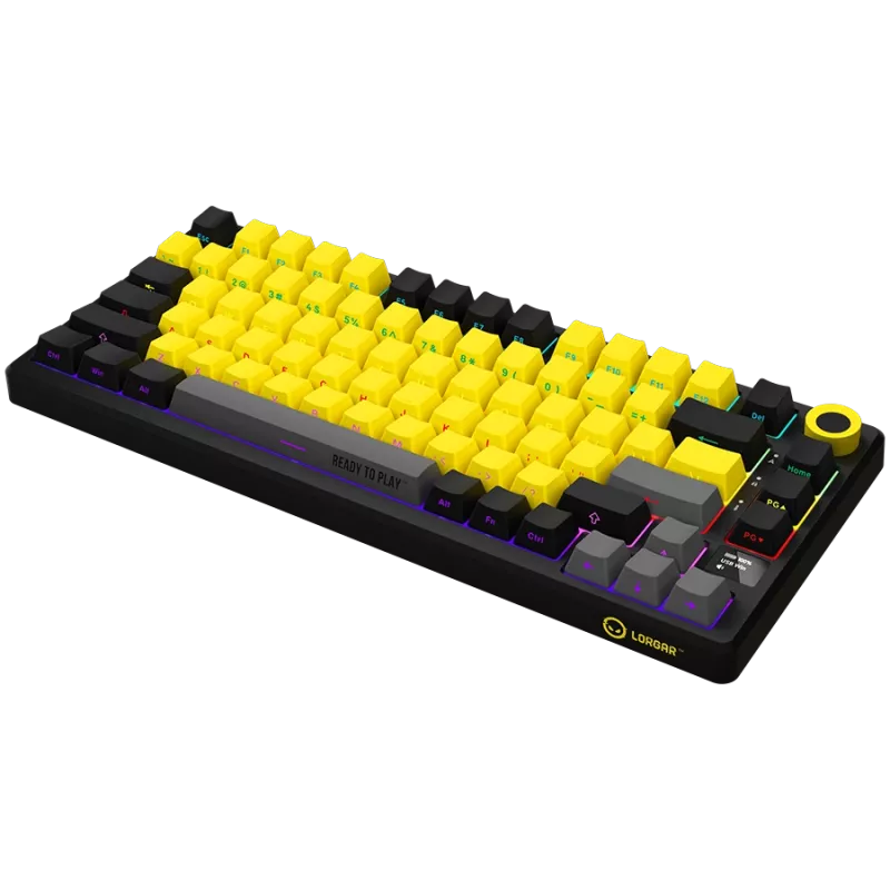 Bezvadu mehāniskā spēļu tastatūra LORGAR KBP7075W — Melna/Dzeltena, EN izkārtojums