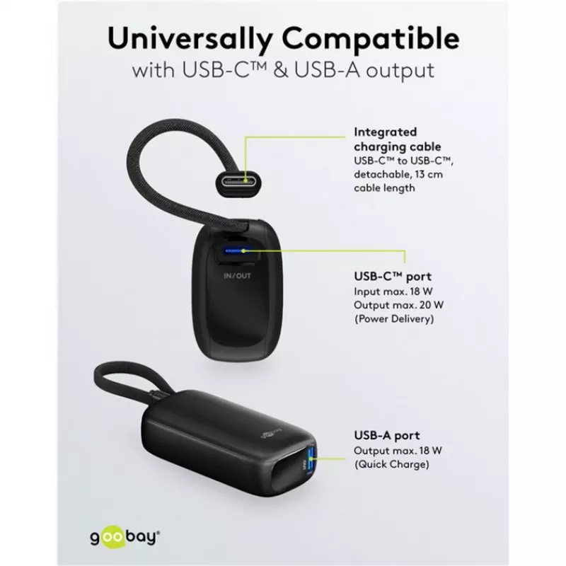 Powerbank 5.000 mAh, integrēts USB-C kabelis 13cm, 20 vati (melns, 5 Ah, 1x USB-A, 1x USB-C, PD, QC)