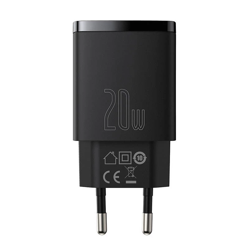 Iekštelpu USB ātrais lādētājs Baseus CCXJ-B01 — 2 porti (USB-C PD 20W + USB-A QC3.0 18W), 100–240 V, melns