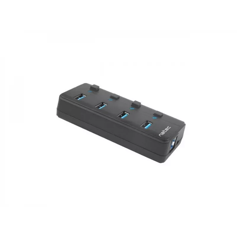 USB centrmezgls NATEC MANTIS USB 2.0 Type-B — 4x USB 3.2 Gen 1 Type-A porti, melns, 0,8 m kabelis, maiņstrāvas adapteris, barošanas slēdzis
