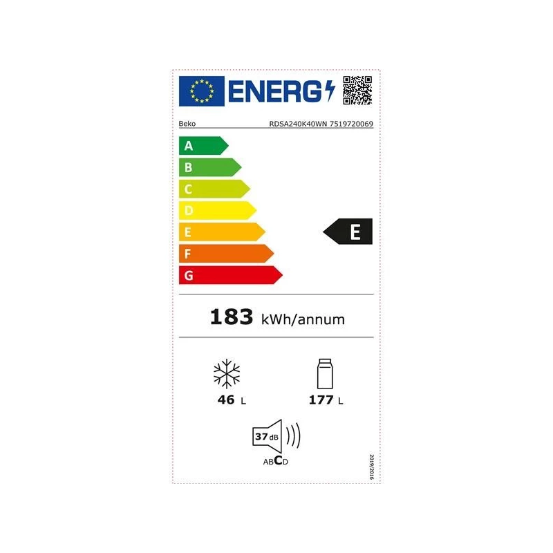 BEKO ledusskapis RDSA240K40WN, energoefektivitātes klase E, augstums 146,5 cm, balts