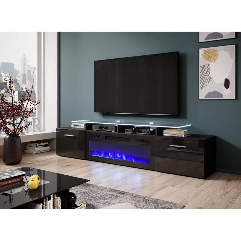 TV skapis Cama Meble ROVA ar elektrisko kamīnu, 190x37x48 cm, melns/melns spīdums