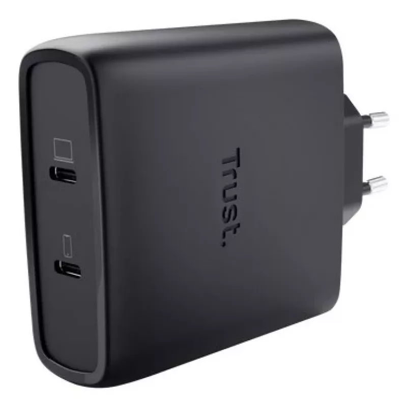 TRUST Maxo 100W 2-portu USB-C GaN lādētājs — 100 W, 2× USB-C, maks. 20 V, 2 m kabelis, melns