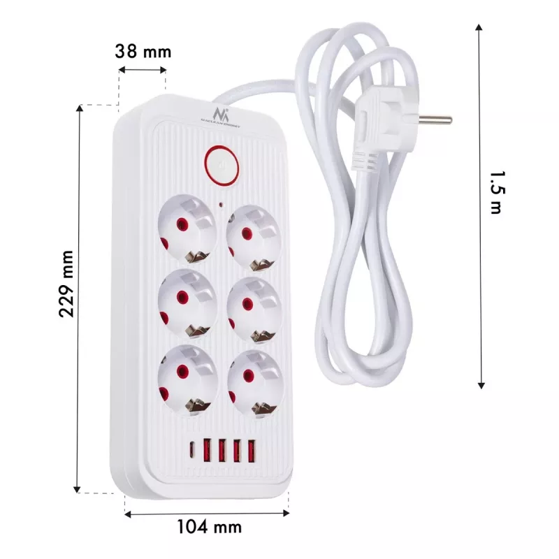 Strāvas sadalītājs MACLEAN MCE389 W — 6 kontaktligzdas, 4×USB-A, 1×USB-C, 2500 W, 110–240 V, 1,5 m kabelis, balts