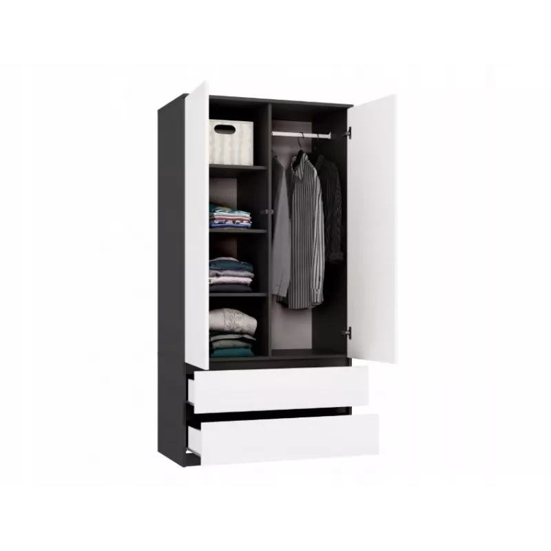 Skapis top e shop MALWA SS-90, 90×180×50 cm, antracīta rāmis, baltas veramas durvis, 2 atvilktnes, lamināts 16 mm