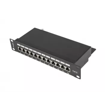 Plākstera panelis LANBERG PPF6-9012-B — 12 portu RJ45, metāla, melns, 1U (215×44,5×130 mm)