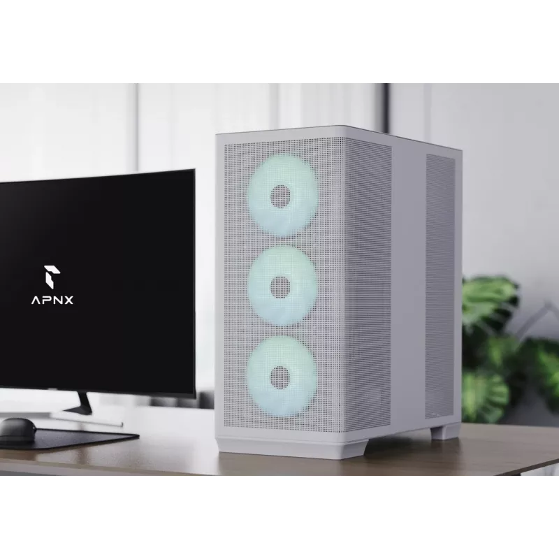 APNX PC Midi Tower C1-R-WT-v1 — balta, atbalsta ATX/Micro-ATX/Mini-ITX, 3x120 mm priekšējie ventilatori uzstādīti, 3x3,5 collu + 3x2,5 collu nodalījumi, USB 3.2 Gen1 x2