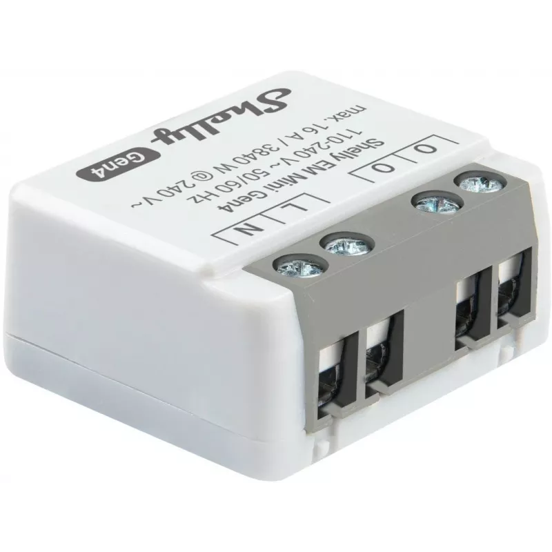 Viedais relejs Shelly Relay EM Mini Gen4 1 kanāla Wi‑Fi Matter Zigbee Bluetooth 8A, 110–240V, enerģijas skaitītājs
