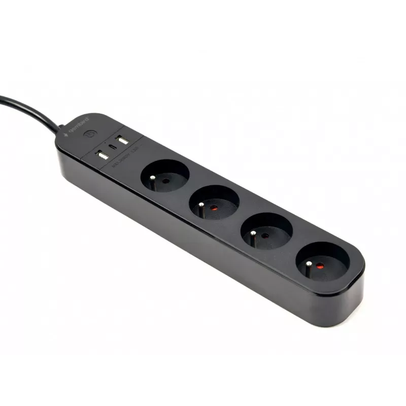 Pagarinātājs GEMBIRD TSL-PS-F4U-02 ar 4 PL ligzdām un USB lādētāju, melns