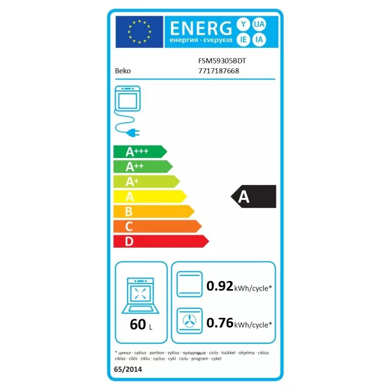 Indukcijas plīts ar elektrisko cepeškrāsni Beko FSM59305BDT, 60 L, 50 cm platums, melna, A energoefektivitātes klase, 4 zonu indukcijas plīts virsma ar jaudas pastiprināšanu