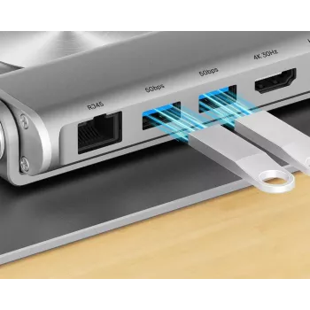 Klēpjdatora statīvs Unitek D1109B01 — alumīnija regulējams statīvs ar noņemamu USB-C HDMI 4K PD 100W, 2x USB-A, RJ-45, līdz 17 collām