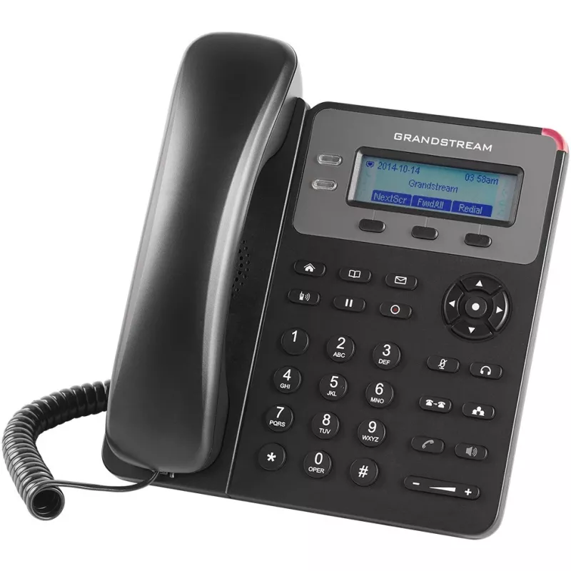 DECT telefons Grandstream GXP1610 — melns, LCD 132×48 px, austiņas (RJ-9), 1 klausule, tālruņu grāmata 500, skaļrunis