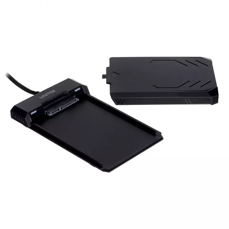 Cietā diska/SSD korpuss Unitek Y-3036, 2,5 collu SATA III, USB 3.2 Gen 1 (5 Gbit/s), UASP, iebūvēts USB-A kabelis, melns