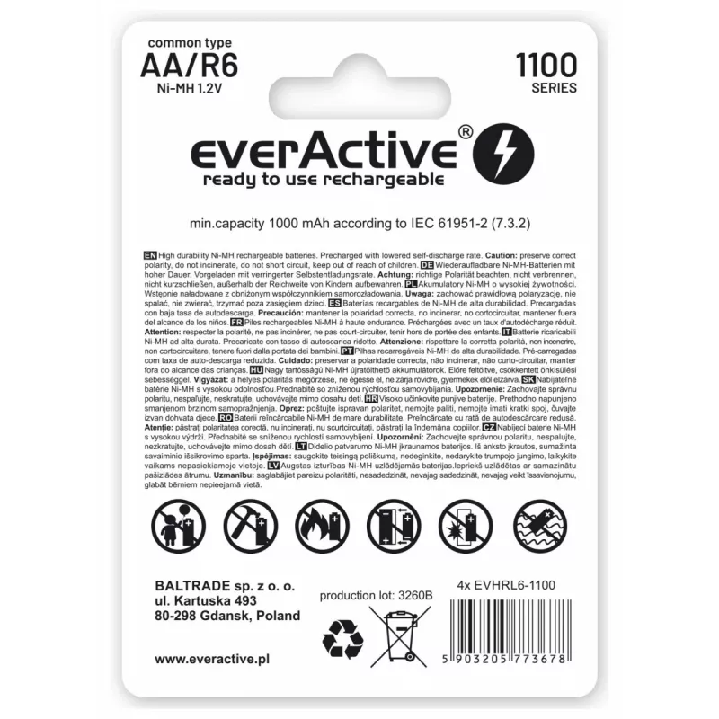 Uzlādējamas NiMH baterijas everActive EVHRL6-1100 1.2V 1100 mAh — 4 gab., cilindriskas