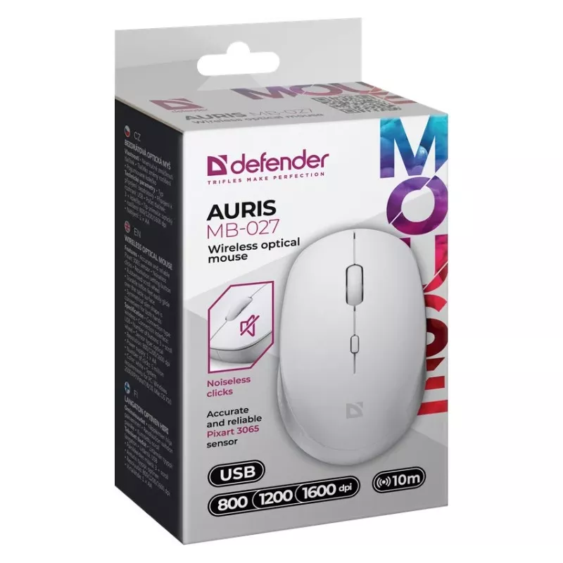 Bezvadu pele ar klusu klikšķi AURIS MB-027 800/1200/1600 DPI balta