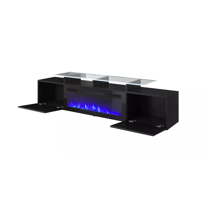 TV skapis Cama Meble ROVA ar elektrisko kamīnu, 190x37x48 cm, melns/melns spīdums
