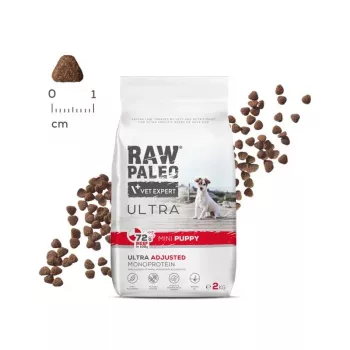 Sausā suņu barība VETEXPERT RAW PALEO Ultra Mini Puppy Beef 2 kg — sausā granulu barība mazu šķirņu kucēniem, 30,5% olbaltumvielu, 16,5% tauku