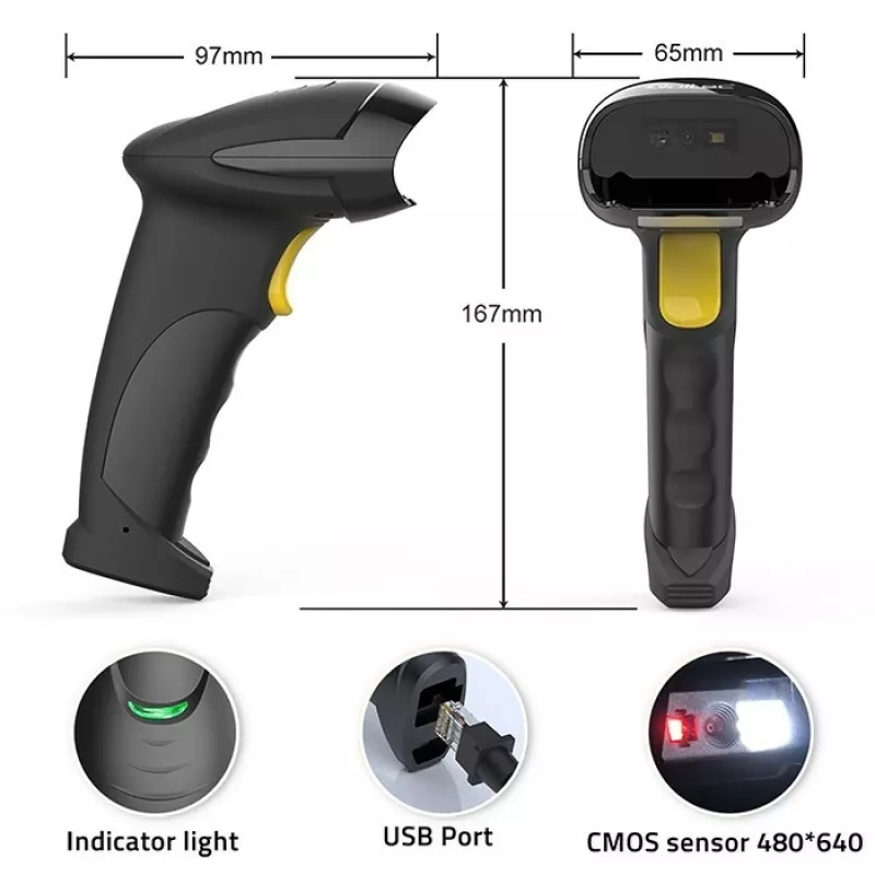 Rokas vadu 1D/2D svītrkodu skeneris QOLTEC 50853 — USB, ABS korpuss, 1,65 m kabelis, 97×65×167 mm, 105 g