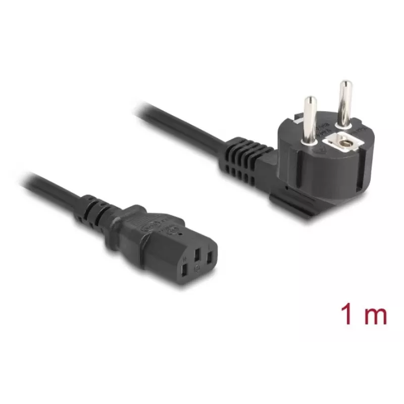 Strāvas vads DELOCK CEE 7/7 (E+F) uz IEC C13 90° leņķī, 1 m, H05VV-F 3x1.00 mm², melns