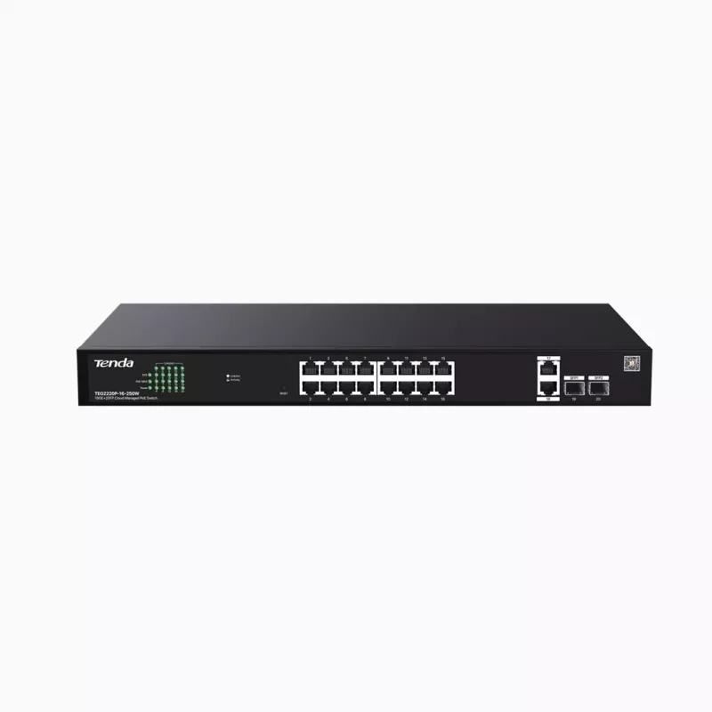 Slēdzis TENDA TEG2220P-16-250W — Gigabit Websmart L2 Cloud PoE+ 16×1Gb/s, 230 W