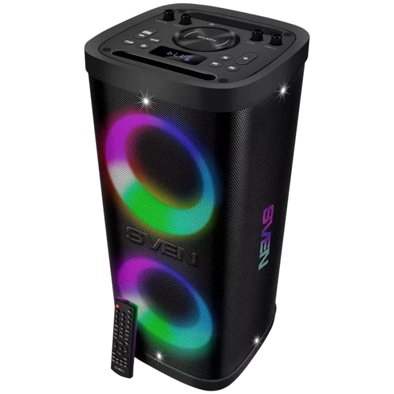 Portatīvais skaļrunis SVEN PS-950, melns, jauda 2x80W (RMS), TWS, Bluetooth, IPx4, FM, USB, microSD, LED displejs, litija baterija