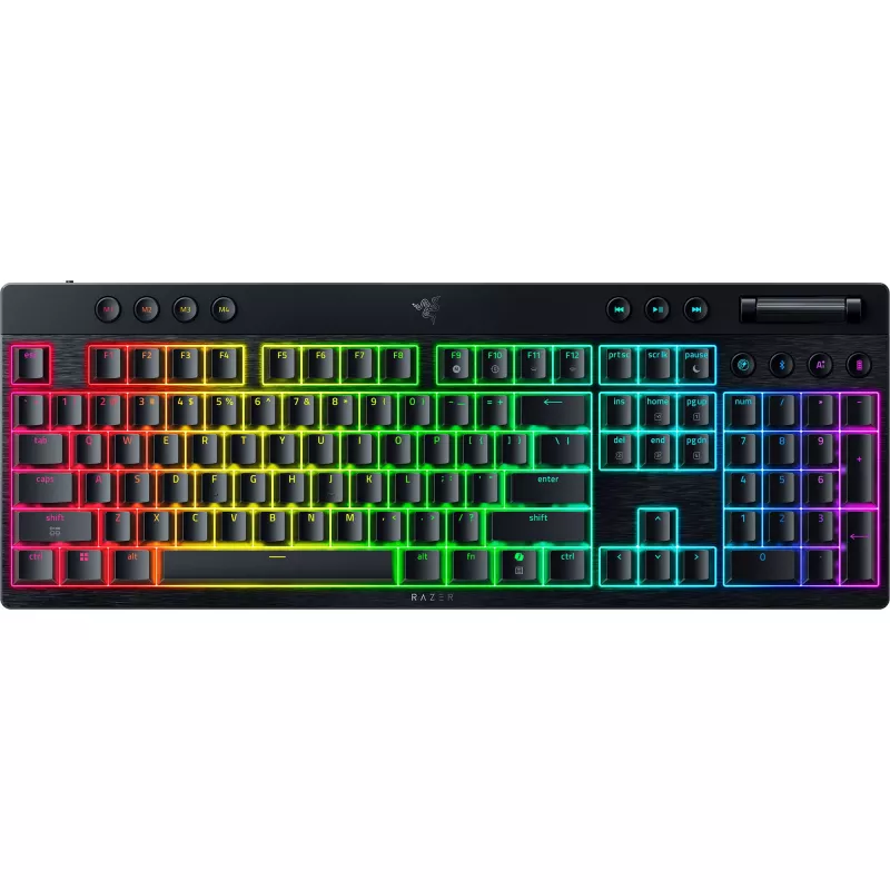 Mehāniskā zema profila tastatūra Razer MelnsWidow V4 — oranži slēdži, bezvadu Bluetooth