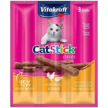 Kaķu našķis Vitakraft CatStick Mini Poultry Liver — gaļīgas cietas uzkodas, 3 gab., 18 g, bez graudiem